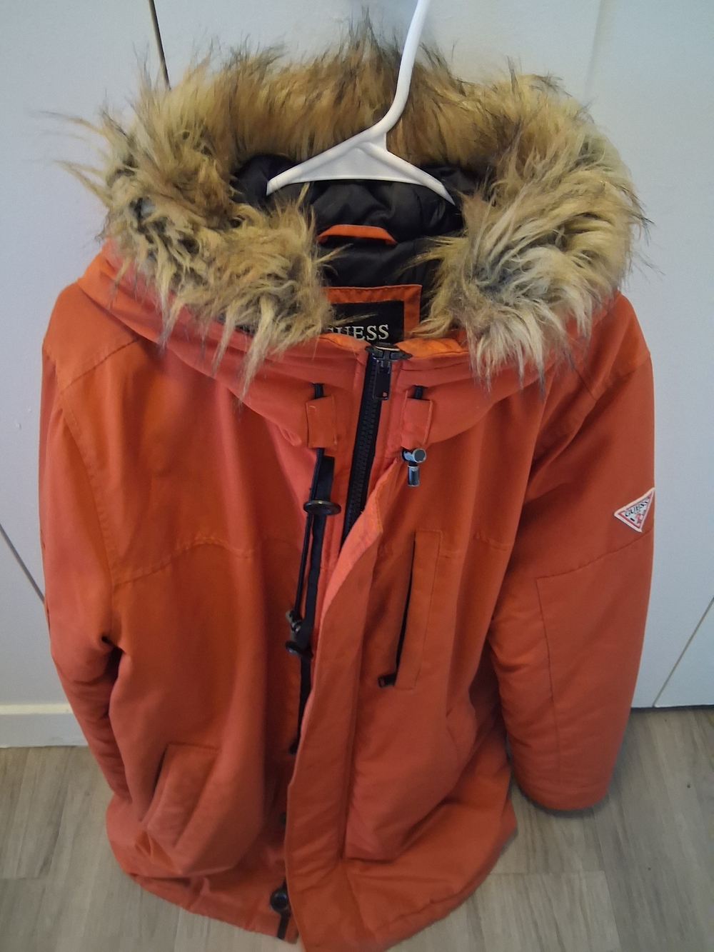 Mens Guess Orange Puffer Parka with Faux Fur Trim